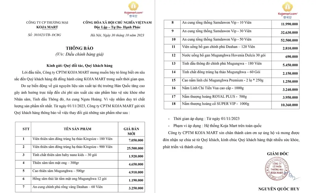 Koja Mart Thông Báo Thay đổi Giá Sản Phẩm